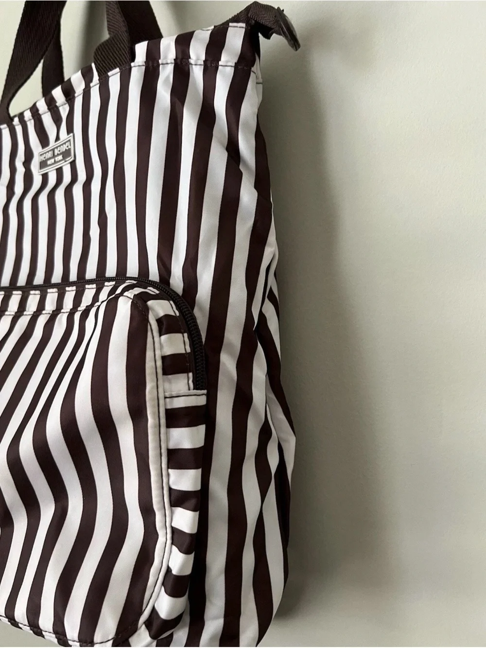 Henri Bendel Brown and White Striped packable backpack, lightweight, zip around